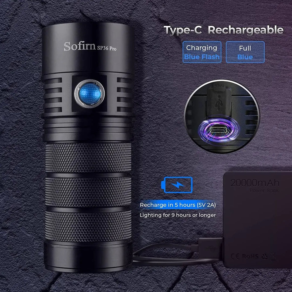 Sofirn SP36 Pro 8000lm Leistungsstarke LED-Taschenlampe 4*SST40 USB C wiederaufladbare 18650 Taschenlampe